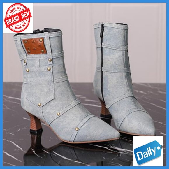 Amazon.com | Elbslutt Women Denim Kitten Heel Ankle Boots Pointed Toe Vintage Zip Chunky